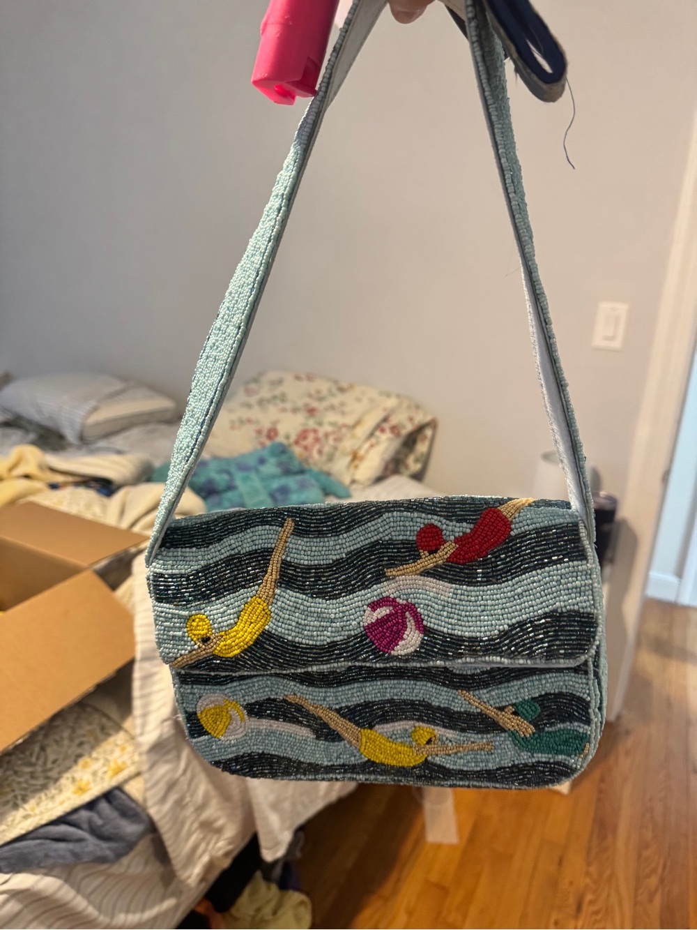 Hand-Beaded Swimmer Pattern Shoulder Bag in Light Blue